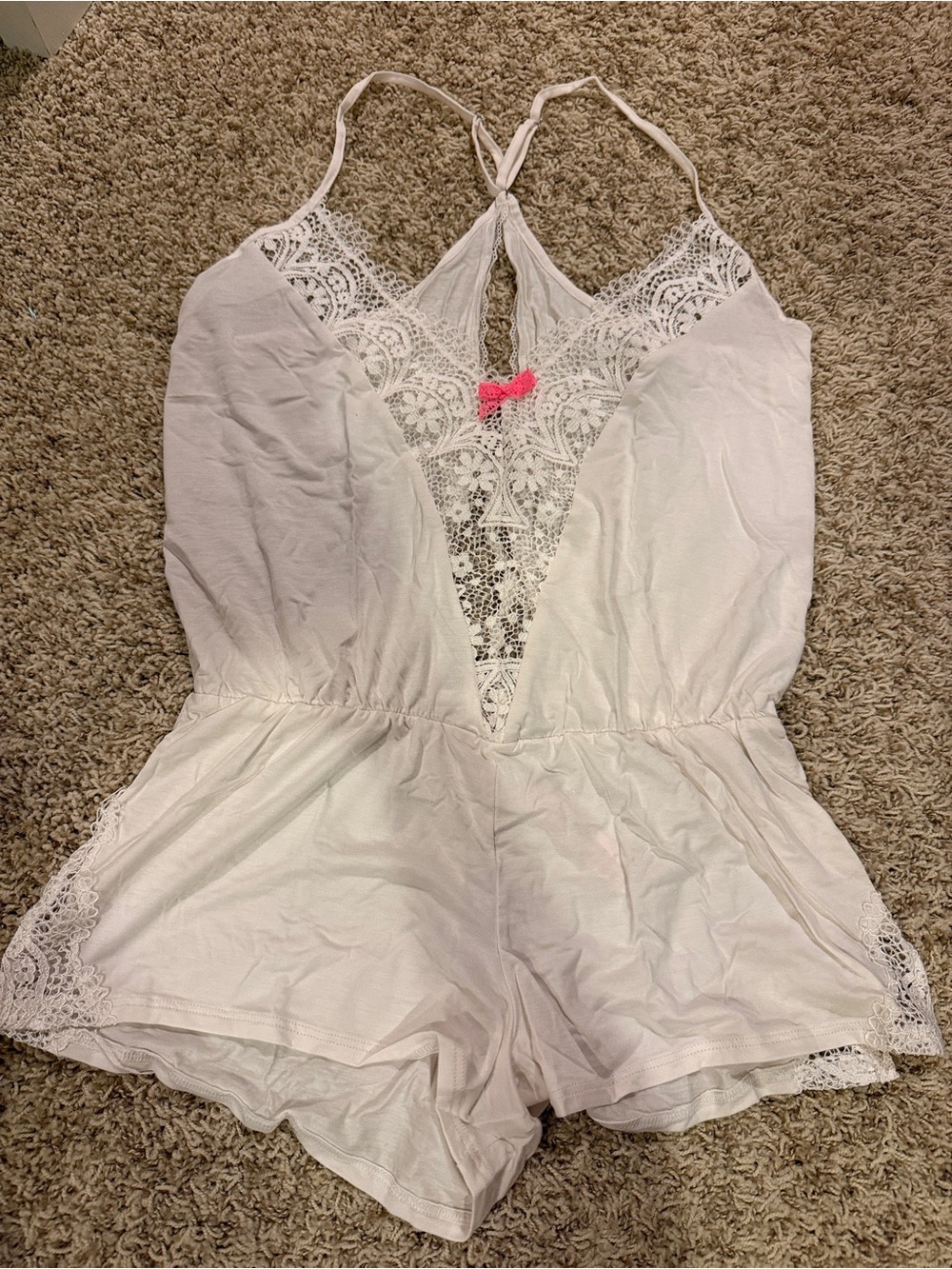 Victoria's Secret White Lace-Trim Romper Pajama